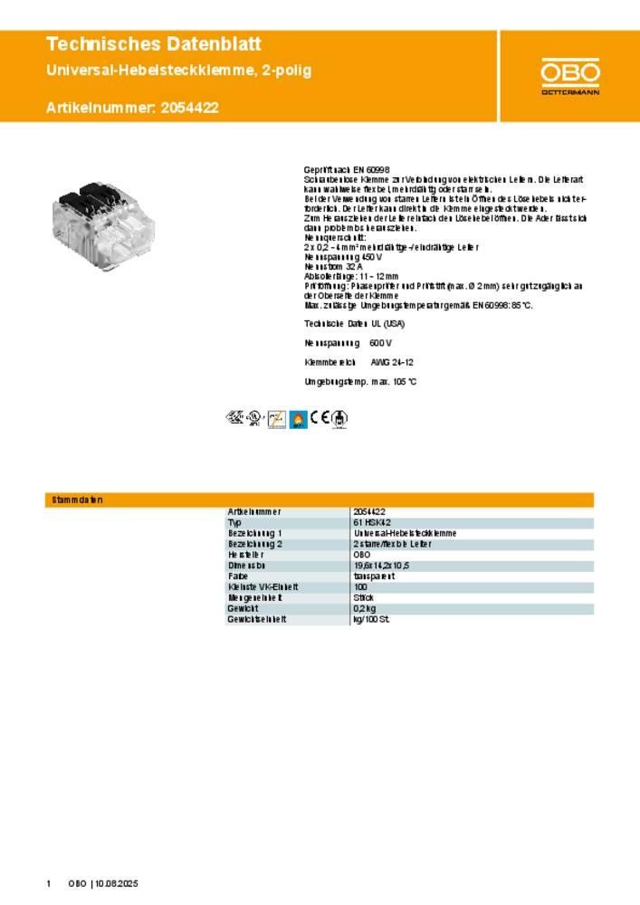 OBO Bettermann 2054422 61 HSK42 flexibel: 0.02-4mm² starr: 0.02-2.