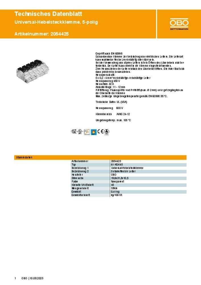 OBO Bettermann 2054425 61 HSK45 flexibel: 0.02-4mm² starr: 0.02-2.