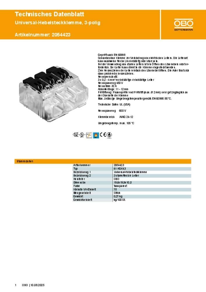 OBO Bettermann 2054423 61 HSK43 flexibel: 0.02-4mm² starr: 0.02-2.
