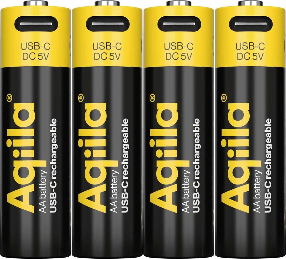 Aqiila Rechargable AA Battery, 4-pack USB-C, Lithium, 1.5V/2000mAh -