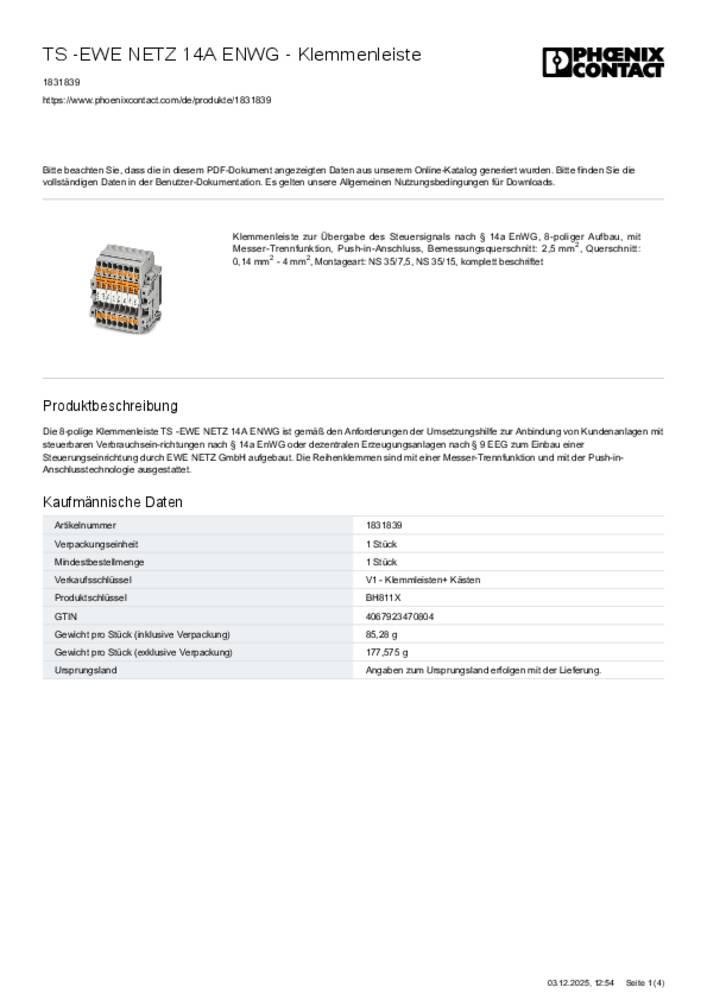 Phoenix Contact TS -EWE NETZ 14A ENWG Klemmenleiste 400 V 1 St.