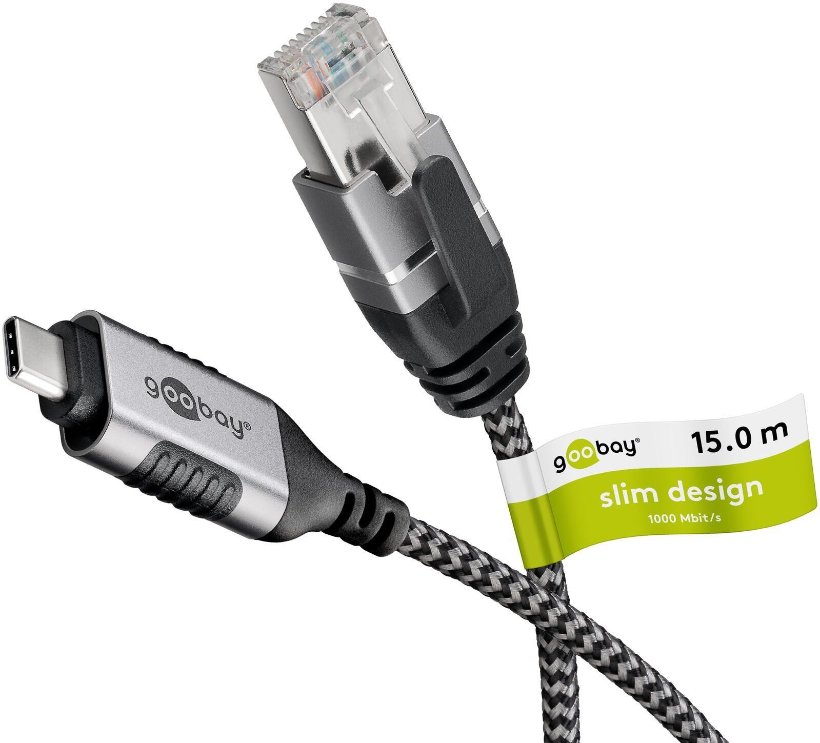 goobay USB-C/RJ45 Kabel 15m silber, schwarz