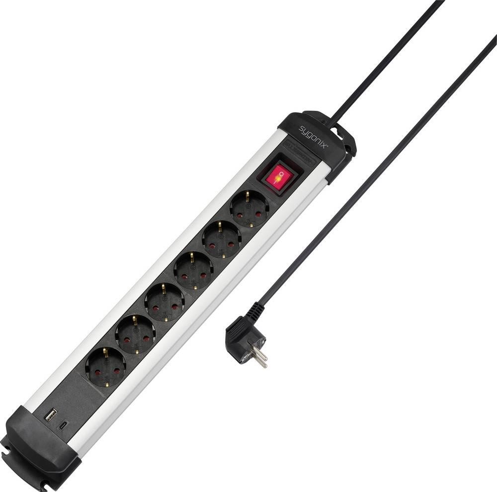 Sygonix SY-6807130 power strip with Schalter 6fach black, silver