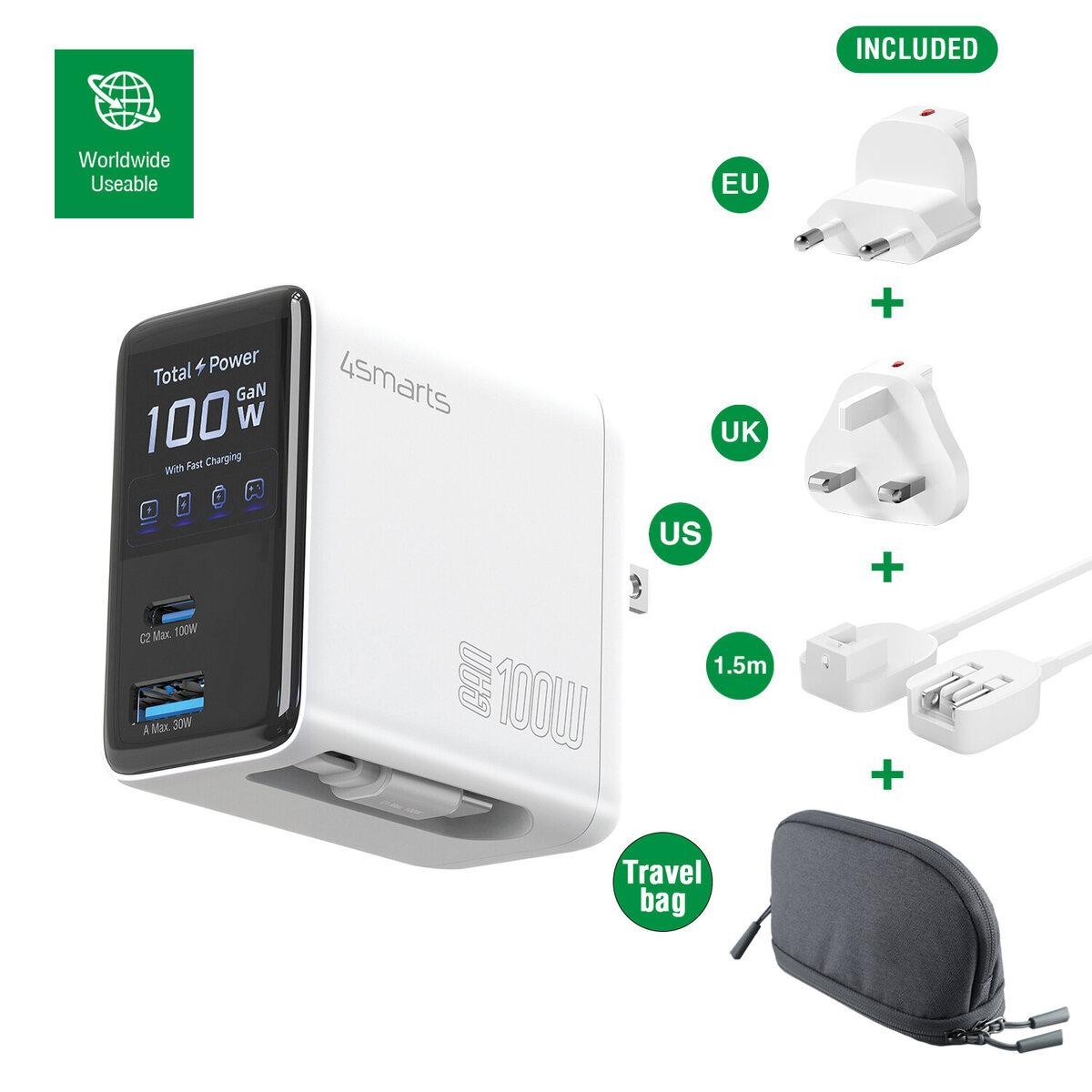 4smarts charger GaN Flex Screen AI 100W 2USB-C+1USB-A Travel -