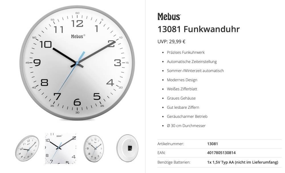 Mebus 13081 Funk Funkuhr 30cm grey Leisegang-Uhrwerk