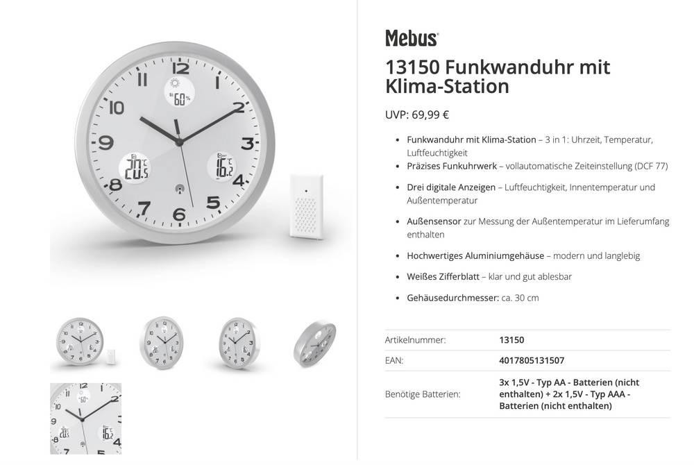 Mebus 13150 Funk Funkuhr 30cm Aluminium