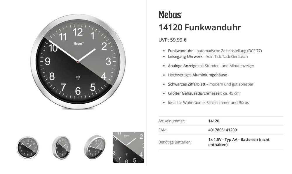 Mebus 14120 Funk Funkuhr 45cm Aluminium Leisegang-Uhrwerk