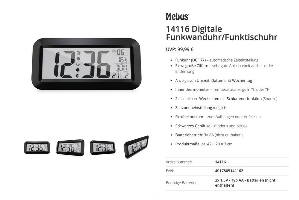 Mebus 14116 Funk Funkuhr 42cm x 20cm x 3cm black Großes Display