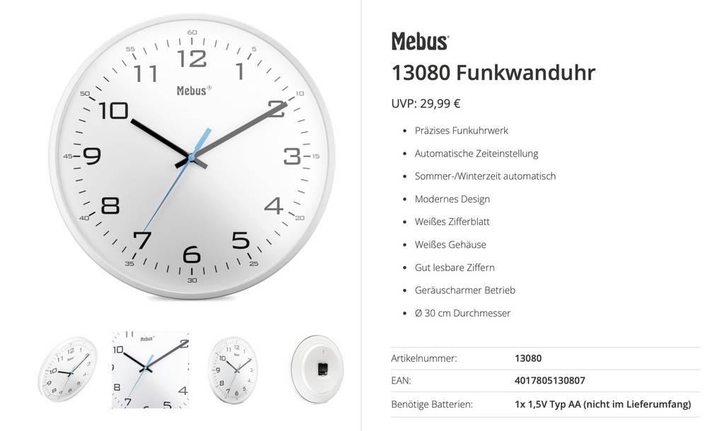 Mebus 13080 Funk Funkuhr 30cm blanc Leisegang-Uhrwerk
