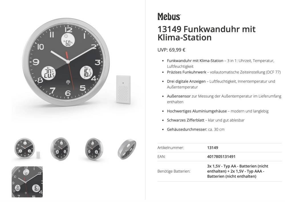 Mebus 13149 Funk Funkuhr 30cm Aluminium Leisegang-Uhrwerk