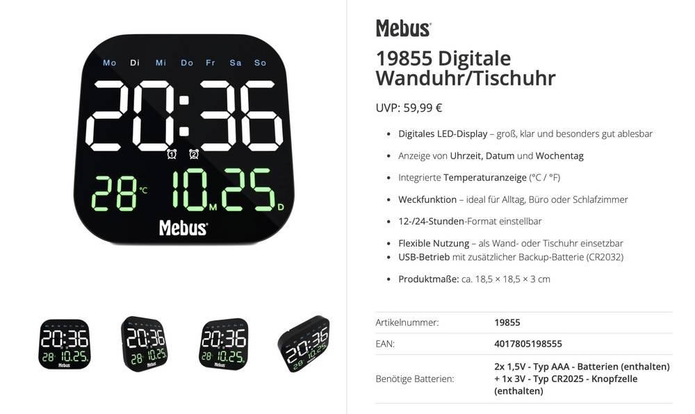 Mebus 19855 Tischuhr 18.5cm x 18.5cm x 3cm black