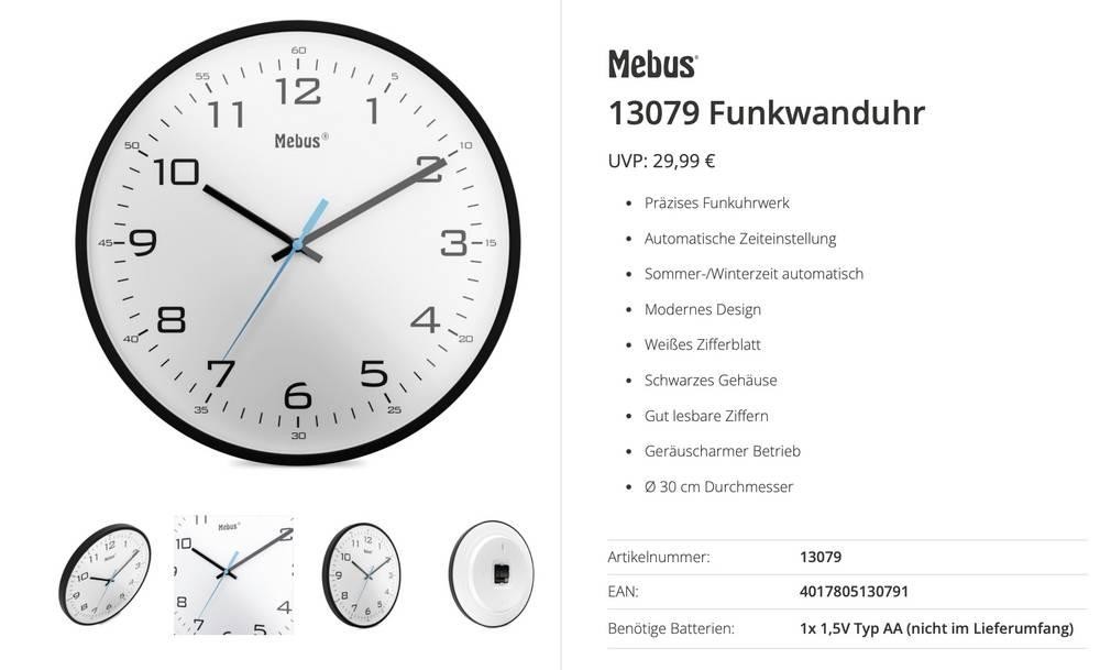 Mebus 13079 Funk Funkuhr 30cm Schwarz Leisegang-Uhrwerk