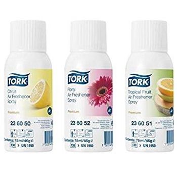 Product image of the product “Tork 236056 Air Freshener Spray A1 Set of 3 x 4 / Refills Compatible with A1 Air Freshener System/Premium Room Freshener/Mixed Fragrances: Citrus, Tropcial Fruit, Floral ”