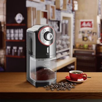 Product image of the product “Melitta Molino Coffee Grinder, 1019-01, Electric Coffee Grinder, Flat Grinding Disc, Black/Red, CD - Molino - red mat  ”