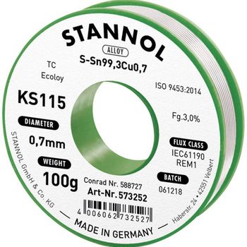 Product image of the product “Stannol KS115 Lötzinn, bleifrei Spule Sn99,3Cu0,7 ROM1 100g 0.7mm ”