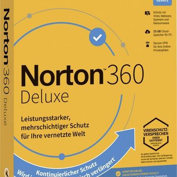 Product image of the product “Norton Life Lock Norton™ 360 Deluxe 25GB GE 1 USER 3 DEVICE 12MO Jahreslicense, 3 licenseen Windows, Mac, Android Antivirus ”
