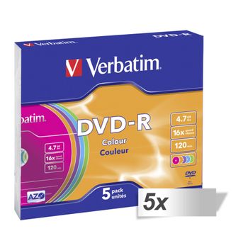 Product image of the product “5x5 Verbatim DVD-R 4,7GB Colour 16x Speed, Slim Case ”
