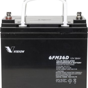 Product image of the product “Vision Akkus 6FM36DX Bleirechargeable battery 12V 36Ah Blei-Vlies (AGM) (B x H x T) 195 x 155 x 130mm M6-Schraubanschluss Wartungsfrei, Zyklenfest ”