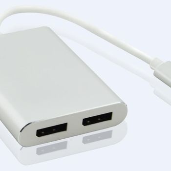 Product image of the product “helos Splitter USB 3.1 Type-C St./2x DisplayPort Buchse, PREMIUM 4K, silver ”