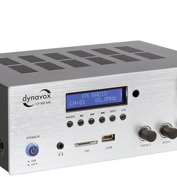 Product image of the product “Dynavox Stereo Kompakt-Verstärker VT-80 MK, 4 schraubbare speaker-Anschlüsse, remote control for Digital-Eingänge (USB, SD-Card), integrierte BT-antenna and FM-Radio silver ”