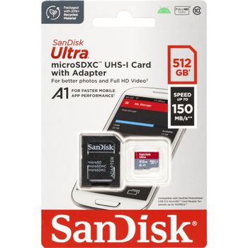 Artikelbild des Artikels “SanDisk microSDXC Ultra 512GB (A1/UHS-I/Cl.10/150MB/s) + Adapter \ Mobile\  microSDXC-Karte 512 GB A1 Application Performance Class, UHS-Class 1 “