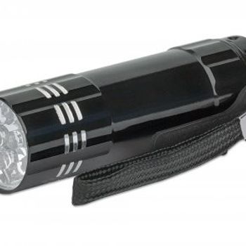 Product image of the product “Manhattan LED Torch/Flashlight 3-pack (Clearance Pricing), Bright 45 Lumen Output (9 LEDs), Aluminium, Compact (85x25x25mm), Long Lasting Performance, Each torch uses 3x AAA batteries (3 included, enough for one torch), Carry Loop, Black, Three Years ”